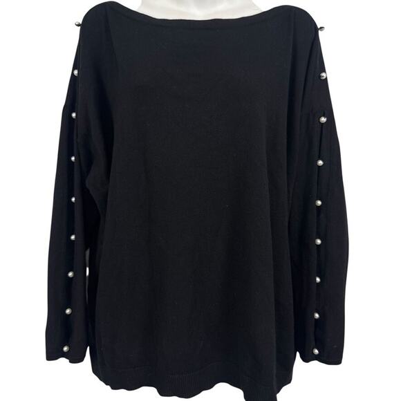 Talbots Woman Petite Pearl Beaded Pullover Open Sleeve Sweater Stretch Black 2XP - Picture 1 of 15